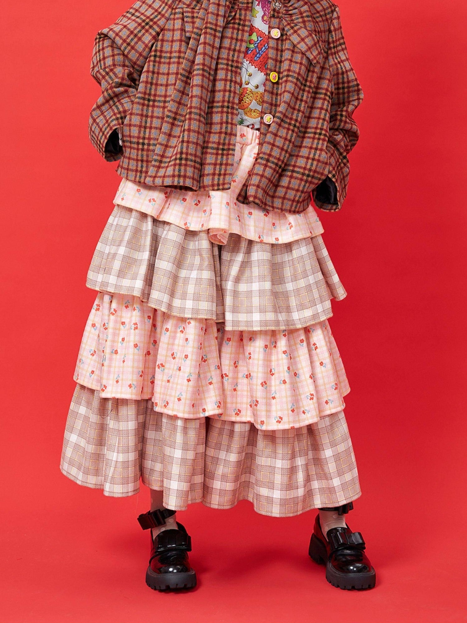 SOS MEME CLUB Pink Patchwork Tiered Cute Women's Polyester Mid Waist Loose Skirts