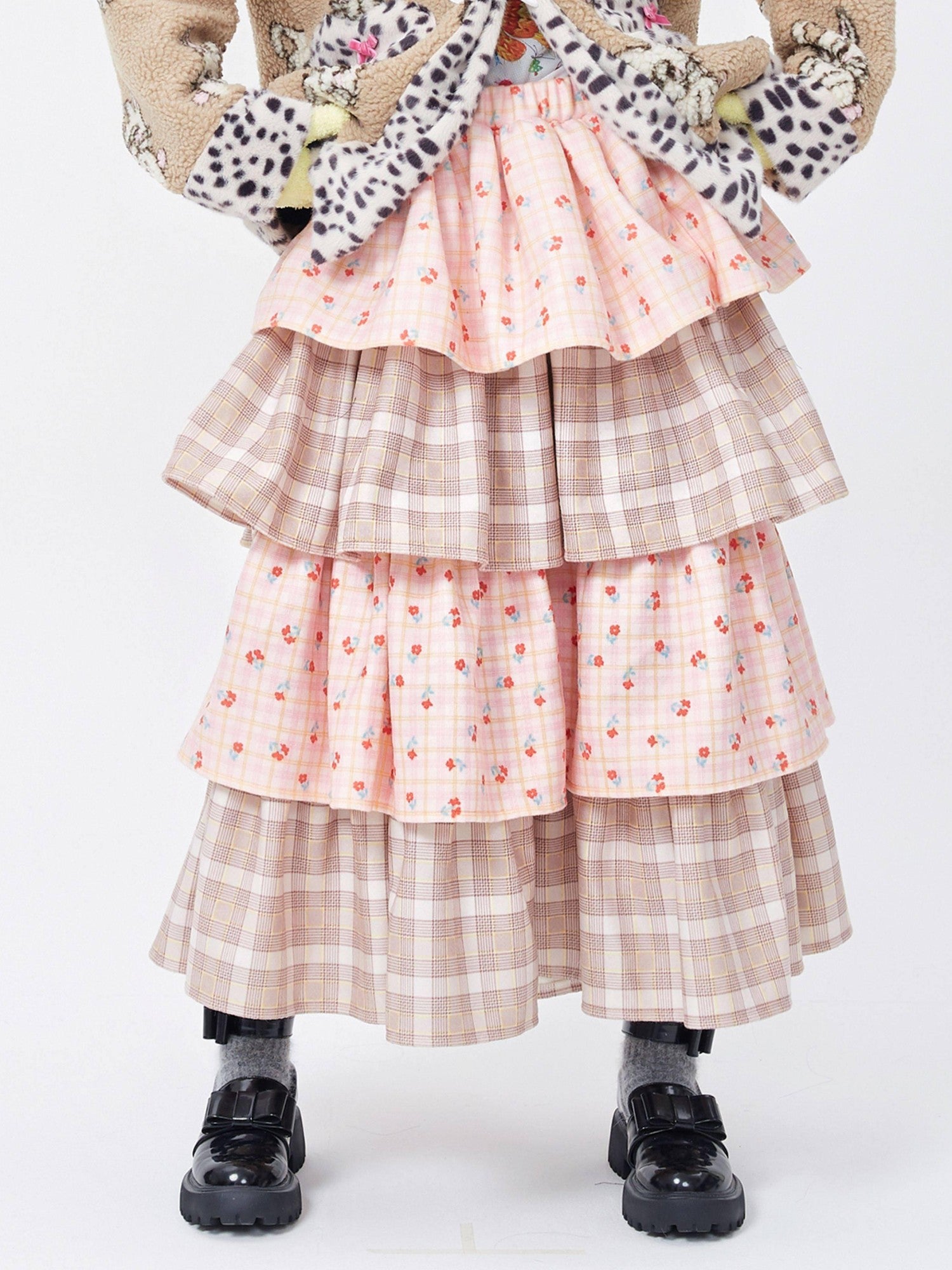 SOS MEME CLUB Pink Patchwork Tiered Cute Women's Polyester Mid Waist Loose Skirts