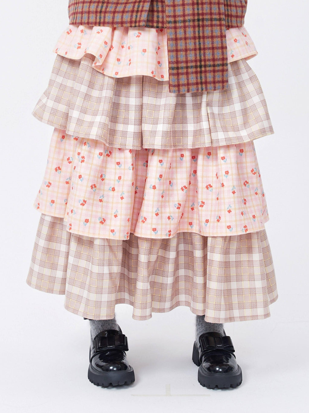 SOS MEME CLUB Pink Patchwork Tiered Cute Women's Polyester Mid Waist Loose Skirts