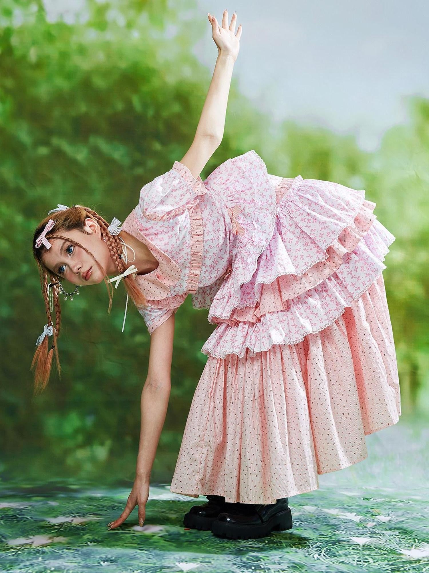 SOS MEME CLUB Pink Patchwork Tiered Lolita A Line Mid Waist Cute Women's Cotton Skirts