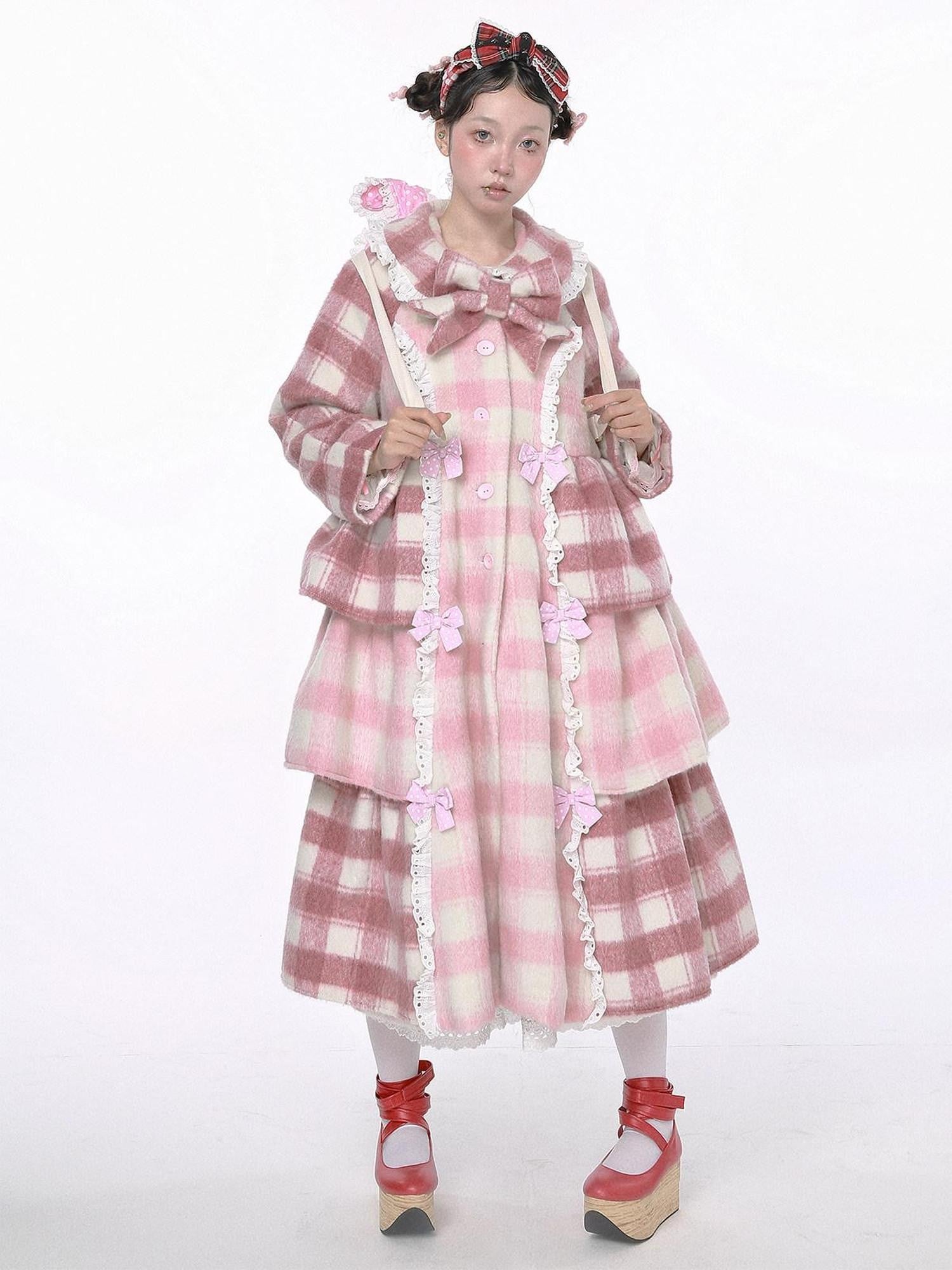 SOS MEME CLUB Pink Plaid Bow Doll Collar Raglan Longline Single Breasted Women's Tweed Coats
