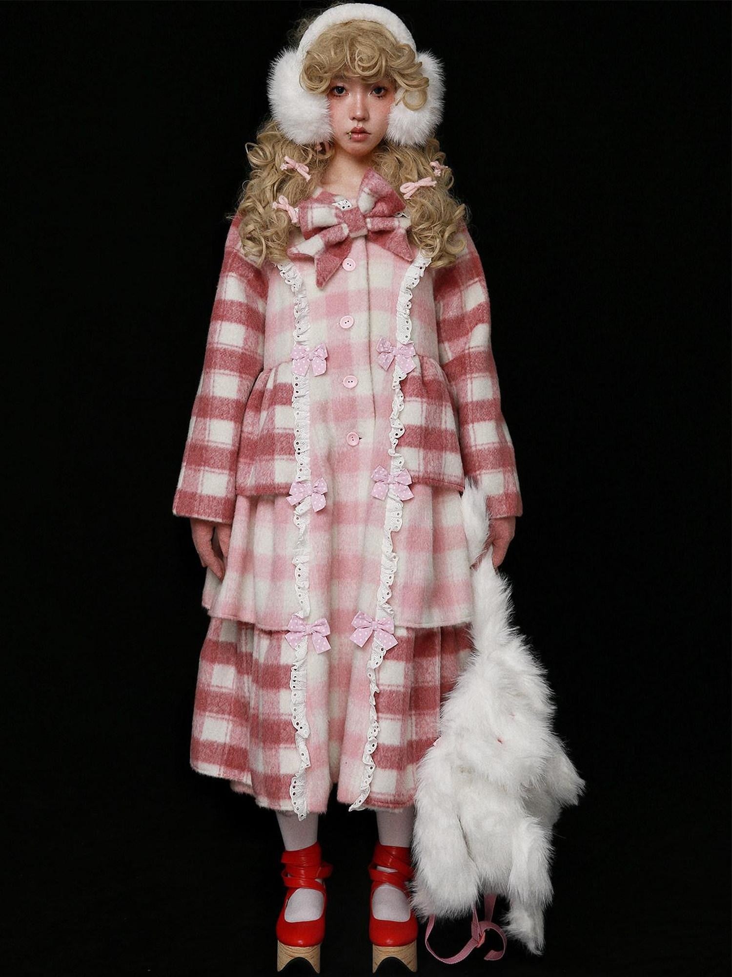 SOS MEME CLUB Pink Plaid Bow Doll Collar Raglan Longline Single Breasted Women's Tweed Coats