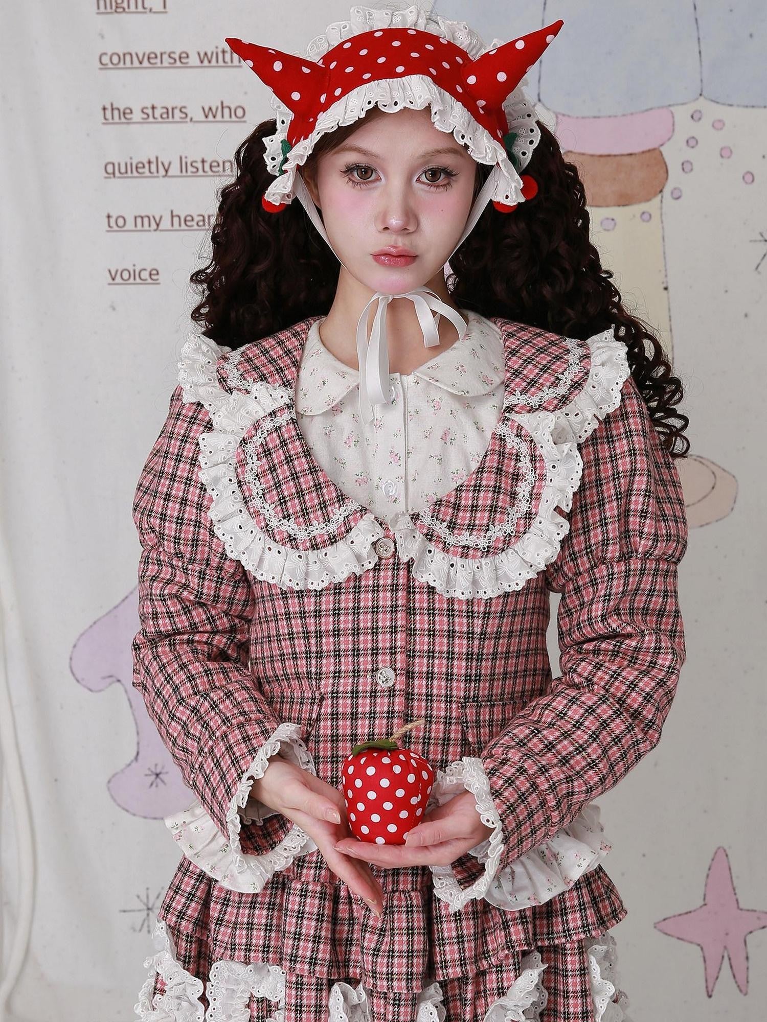 SOS MEME CLUB Pink Plaid Patchwork Puff Sleeve Doll Collar Women's Brushed Jackets