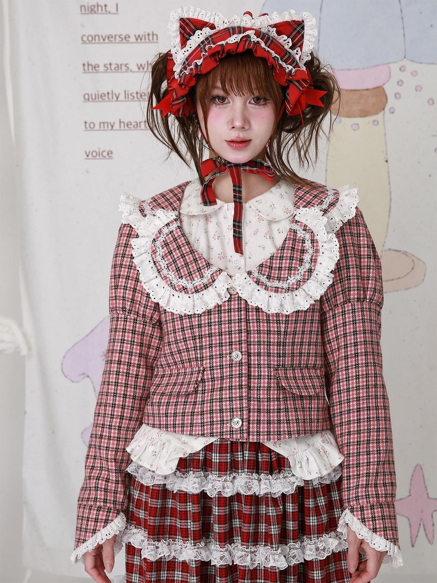 SOS MEME CLUB Pink Plaid Patchwork Puff Sleeve Doll Collar Women's Brushed Jackets