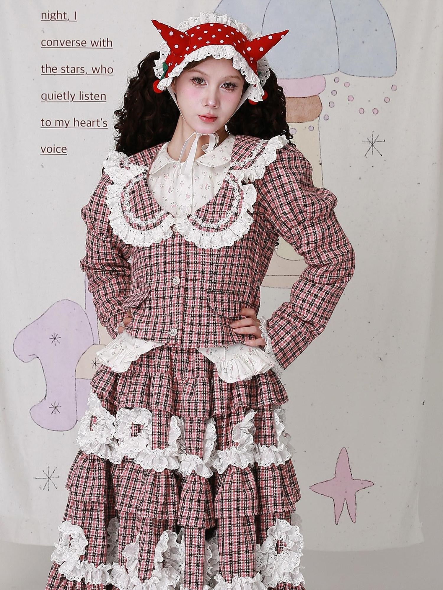 SOS MEME CLUB Pink Plaid Patchwork Puff Sleeve Doll Collar Women's Brushed Jackets