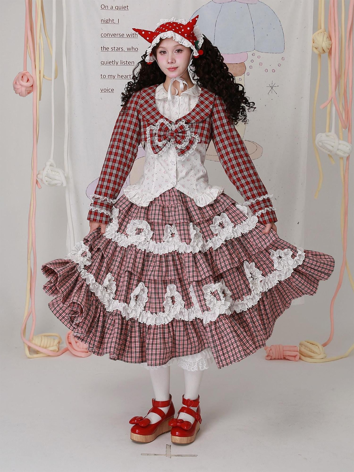 SOS MEME CLUB Pink Plaid Ruffled Pleated Tiered Lolita Women's Polyester Skirts