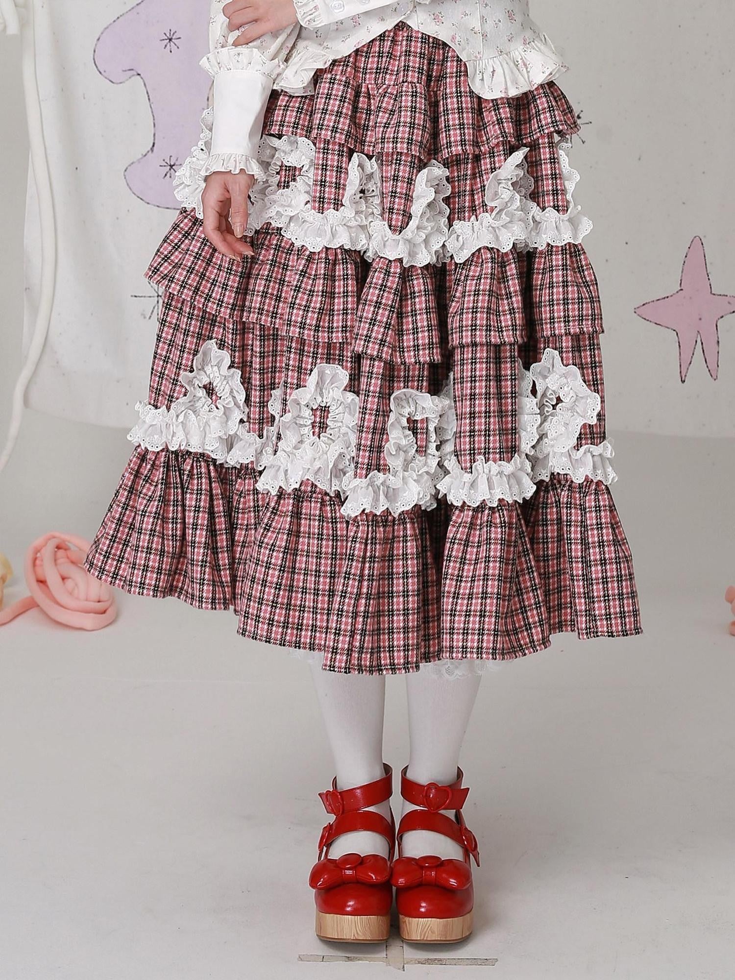 SOS MEME CLUB Pink Plaid Ruffled Pleated Tiered Lolita Women's Polyester Skirts