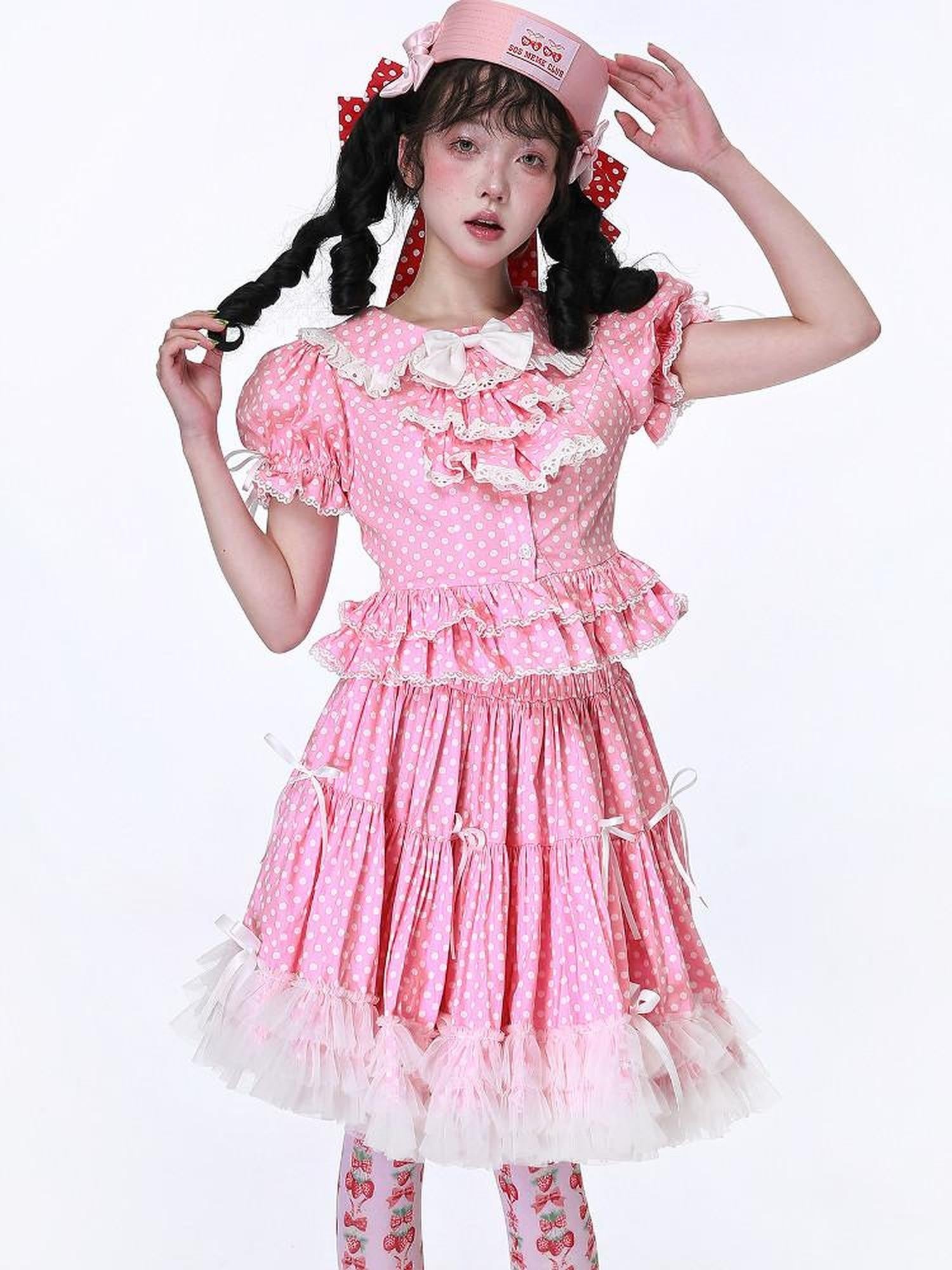 SOS MEME CLUB Pink Polka Dot Bow Doll Collar Puff Sleeve Women's Cotton Short Sleeve Blouses