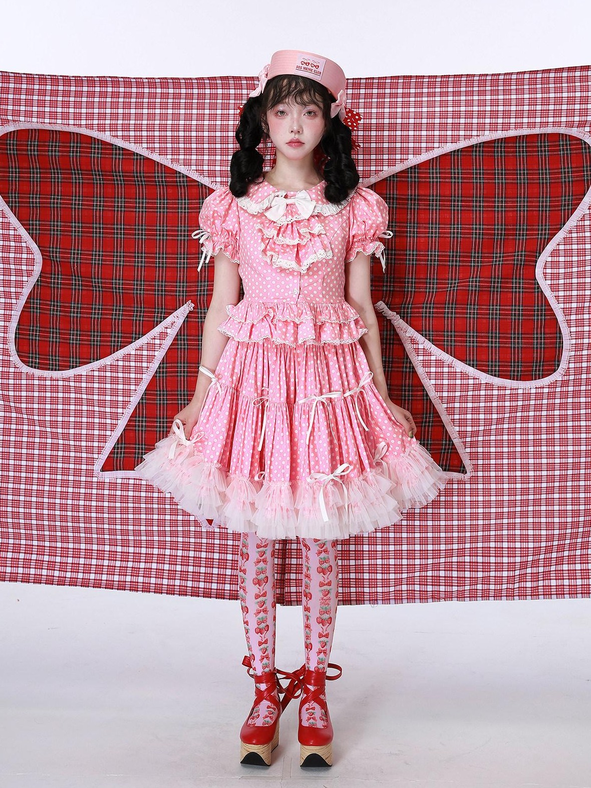 SOS MEME CLUB Pink Polka Dot Bow Doll Collar Puff Sleeve Women's Cotton Short Sleeve Blouses
