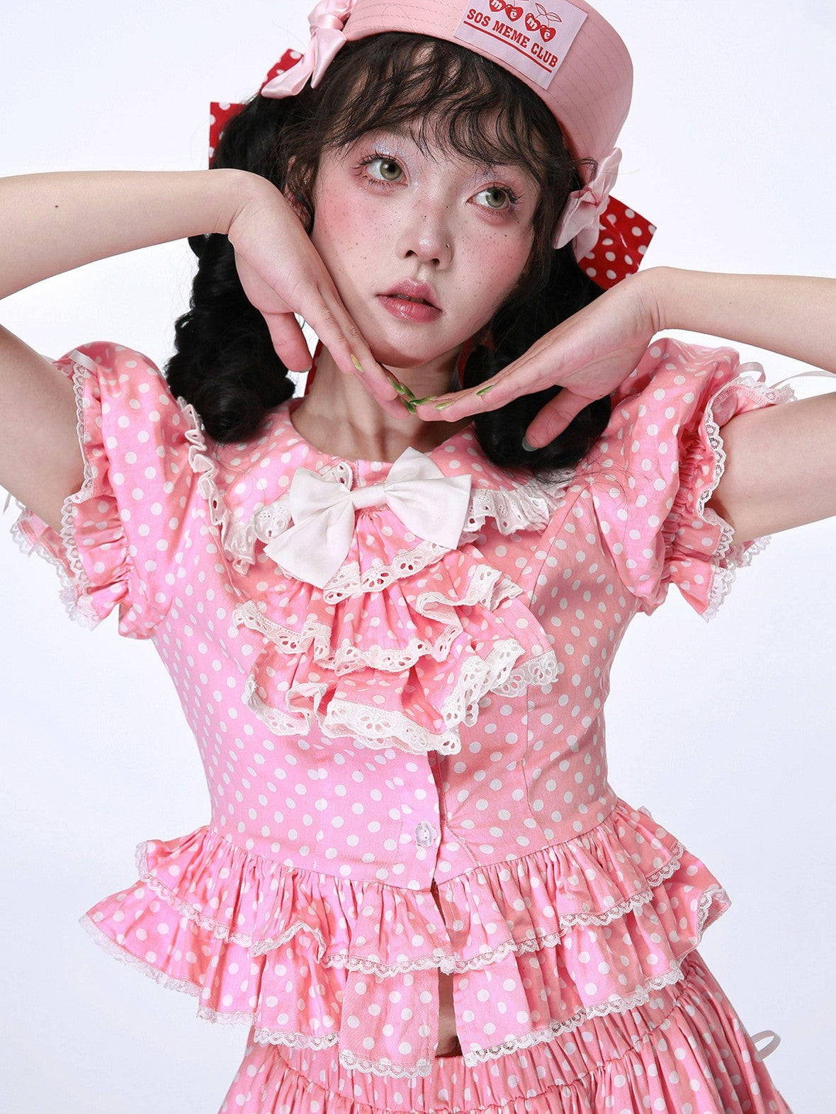 SOS MEME CLUB Pink Polka Dot Bow Doll Collar Puff Sleeve Women's Cotton Short Sleeve Blouses