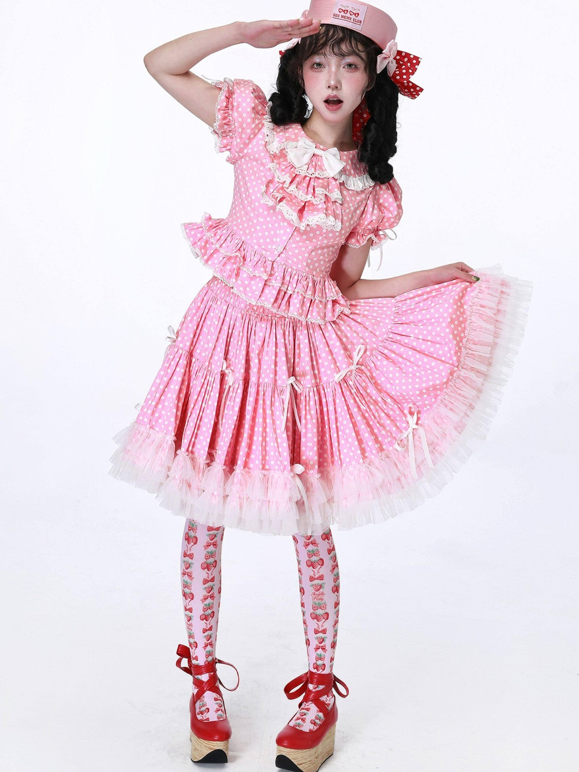 SOS MEME CLUB Pink Polka Dot Bow Doll Collar Puff Sleeve Women's Cotton Short Sleeve Blouses