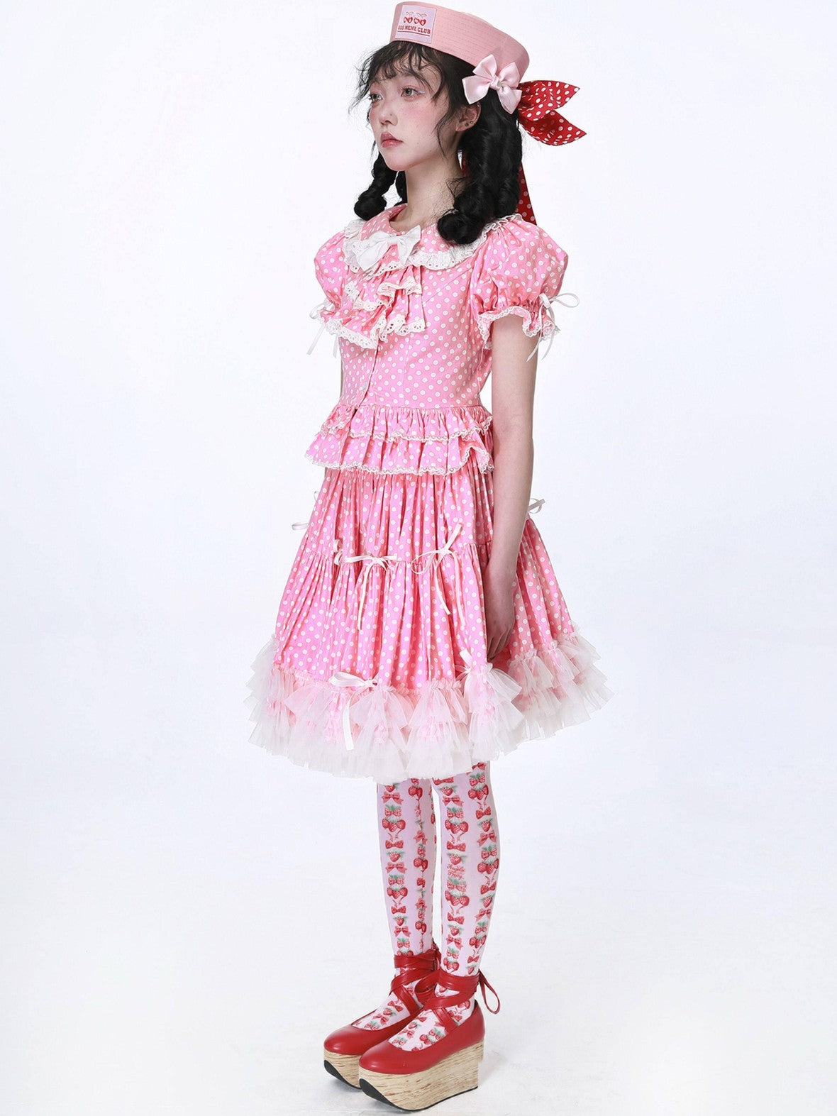 SOS MEME CLUB Pink Polka Dot Bow Doll Collar Puff Sleeve Women's Cotton Short Sleeve Blouses