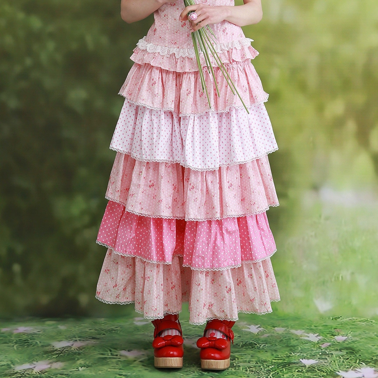SOS_MEME_CLUB_Pink_Polka_Dot_Lace_Trim_Layered_Ruffle_Women's_Rayon_Skirts_1039969423399_MISSTT