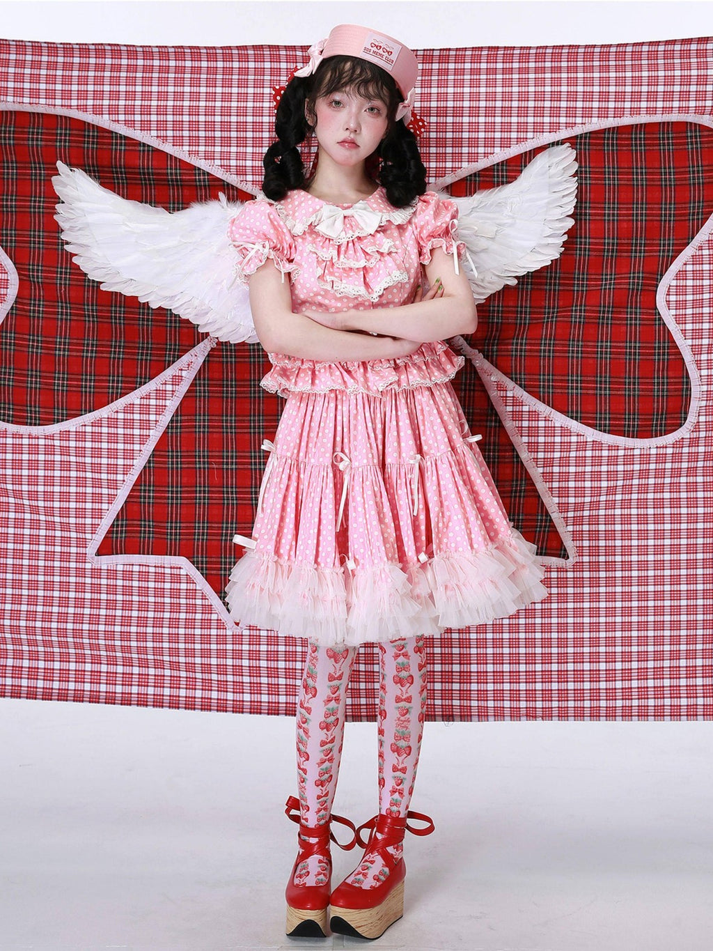 SOS MEME CLUB Pink Polka Dot Lolita Bow Gathered Ruffled A Line Women's Cotton Skirts