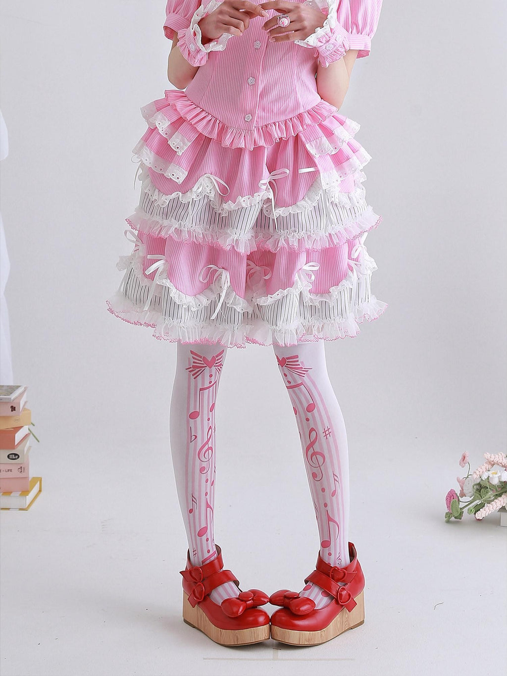SOS MEME CLUB Pink Striped Bow Puffed Lolita Mid Waist Elastic Women's Poly Cotton Skirts