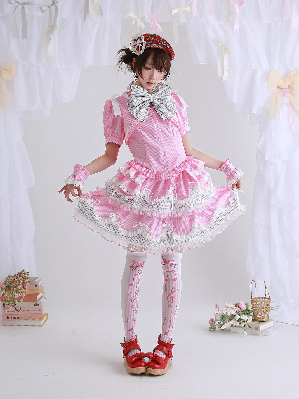 SOS MEME CLUB Pink Striped Bow Puffed Lolita Mid Waist Elastic Women's Poly Cotton Skirts