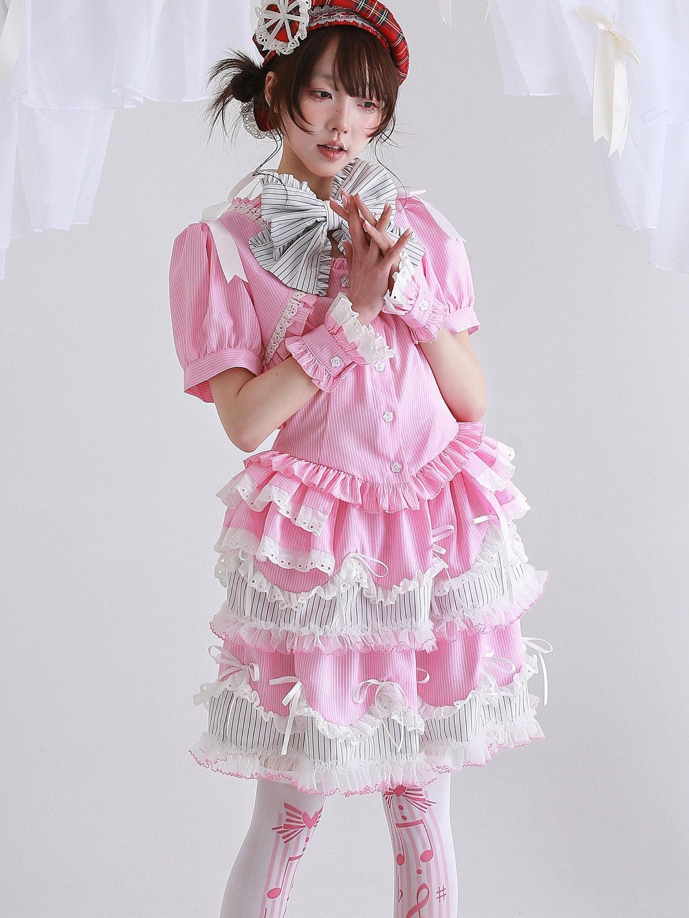 SOS MEME CLUB Pink Striped Bow Puffed Lolita Mid Waist Elastic Women's Poly Cotton Skirts