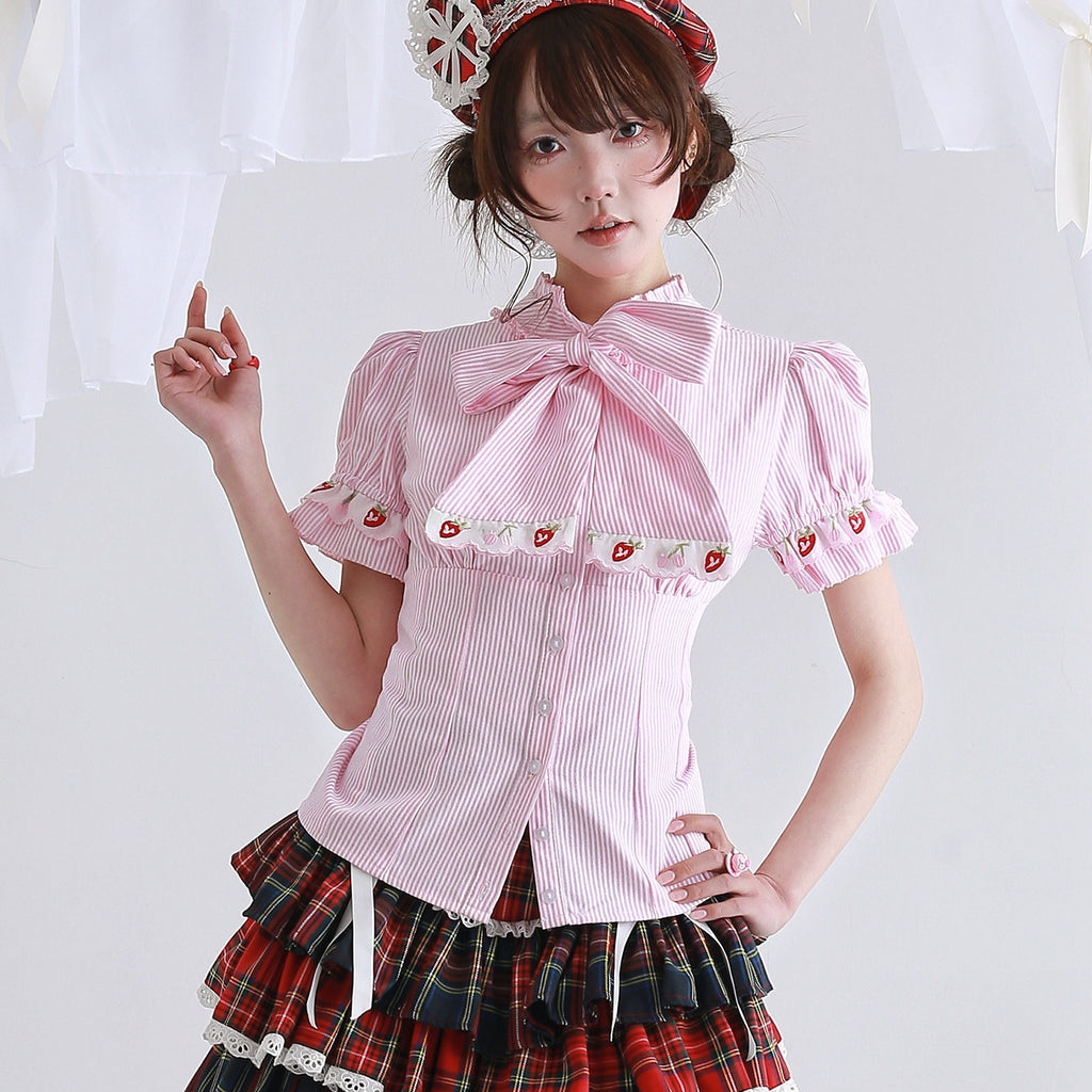 SOS_MEME_CLUB_Pink_Striped_Embroidered_Tie_Neck_Slim_Women's_Cotton_Blend_Short_Sleeve_Blouses_1041664257985_MISSTT