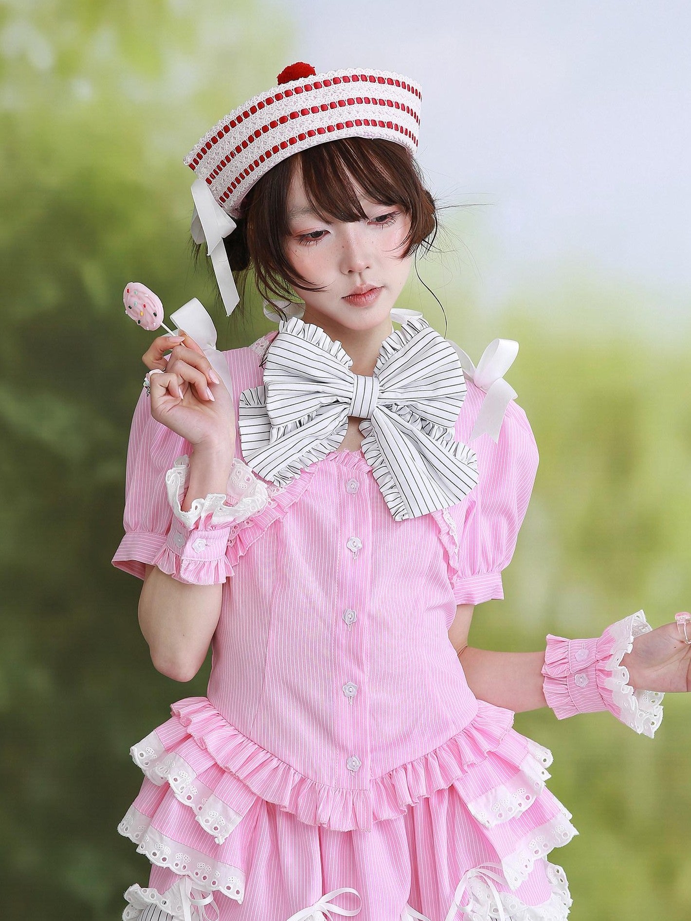 SOS MEME CLUB Pink Striped Layered Cuffed V-neck Cardigan Women's Short Sleeve Blouses