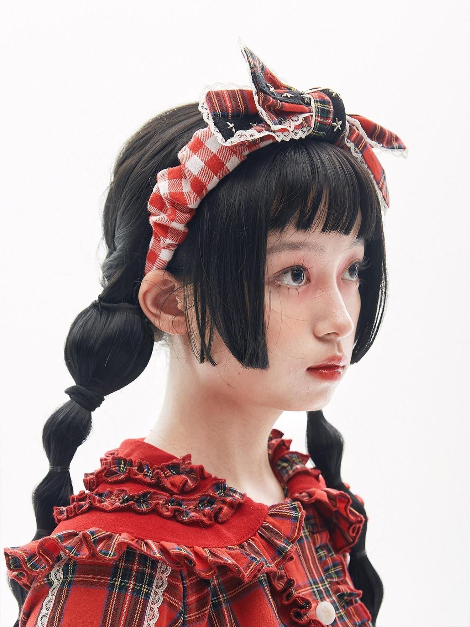 SOS MEME CLUB Red Checkered Patchwork Rivet Bow Showa Retro Lolita Women's Fabric Hair Clips
