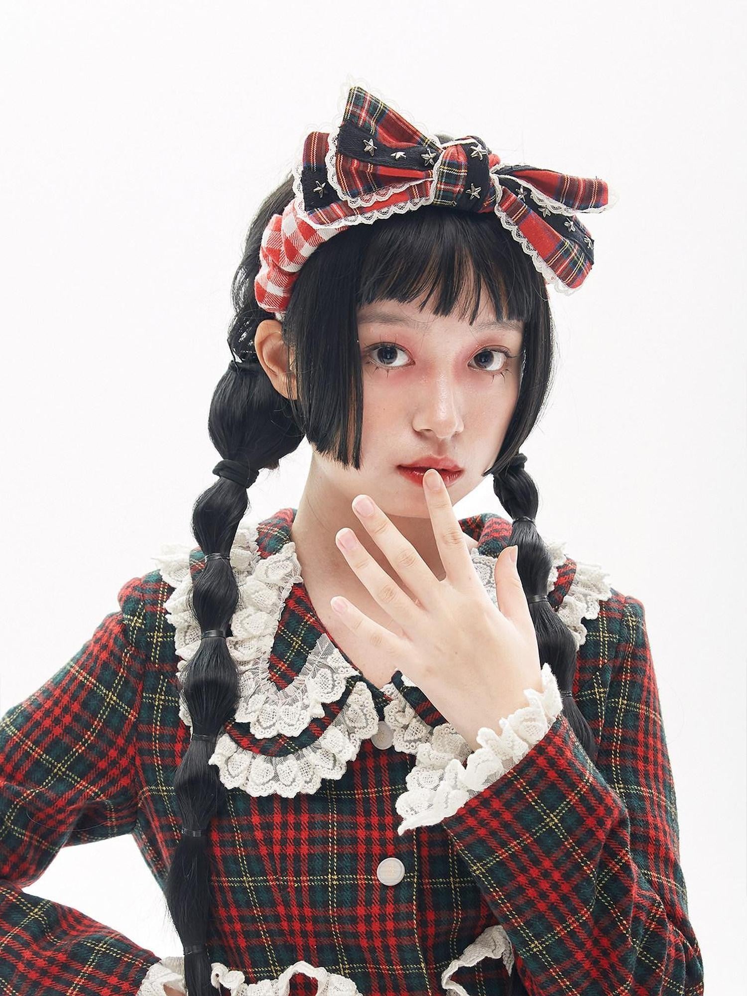SOS MEME CLUB Red Checkered Patchwork Rivet Bow Showa Retro Lolita Women's Fabric Hair Clips
