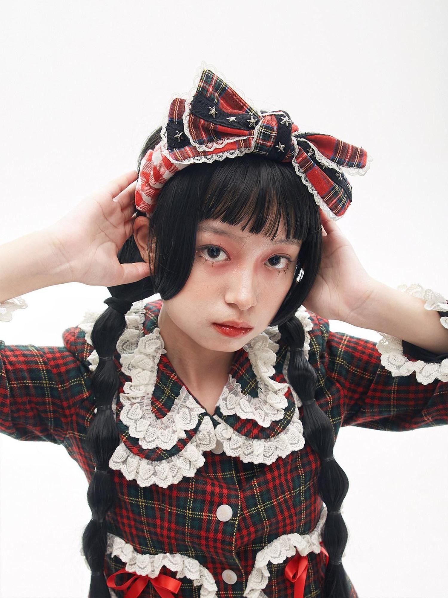 SOS MEME CLUB Red Checkered Patchwork Rivet Bow Showa Retro Lolita Women's Fabric Hair Clips