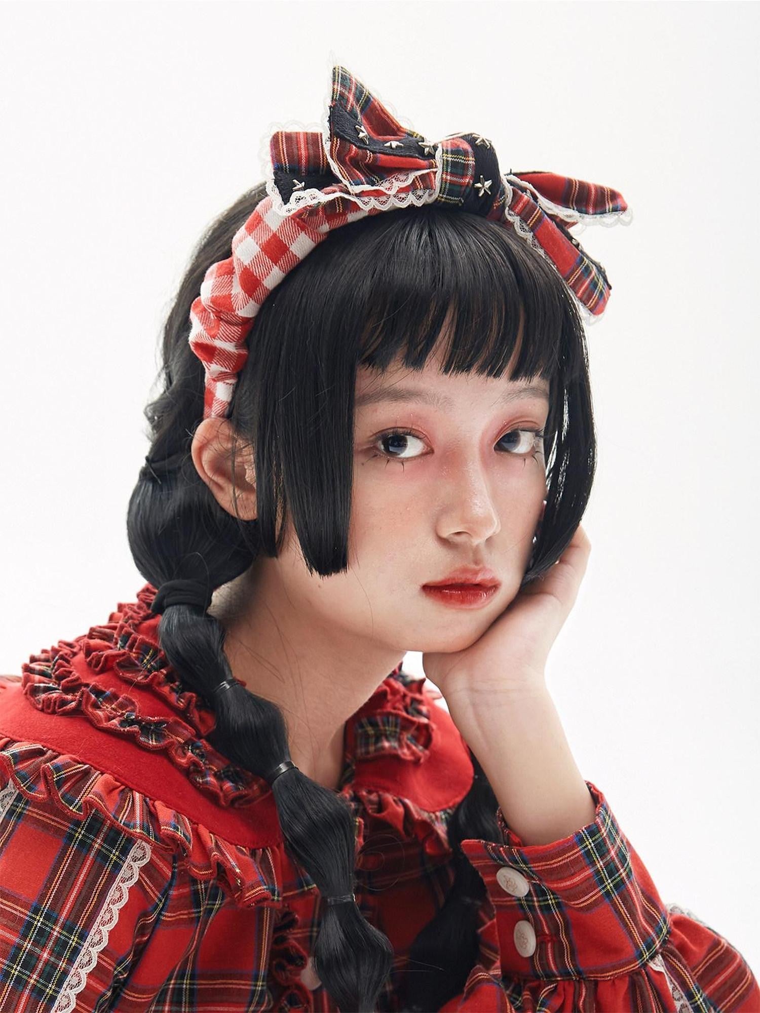 SOS MEME CLUB Red Checkered Patchwork Rivet Bow Showa Retro Lolita Women's Fabric Hair Clips