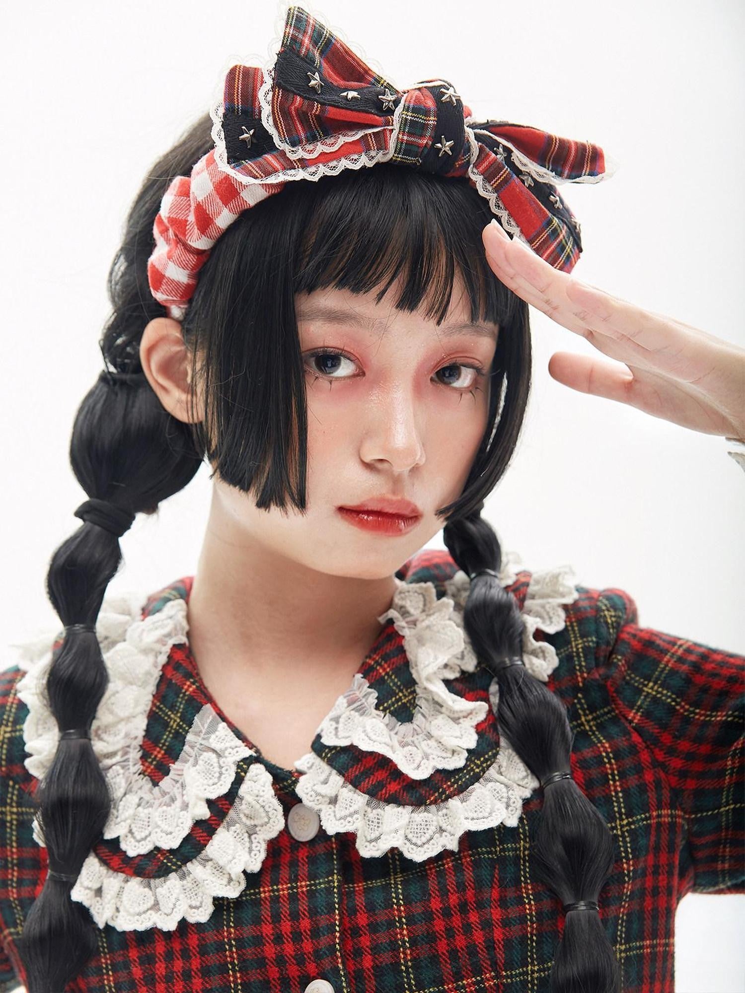 SOS MEME CLUB Red Checkered Patchwork Rivet Bow Showa Retro Lolita Women's Fabric Hair Clips