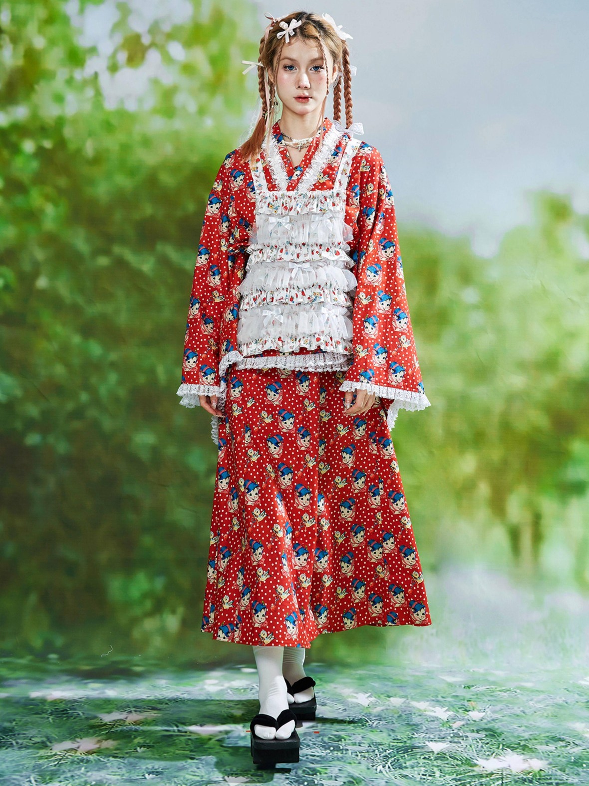 SOS MEME CLUB Red Kimono Inspired Printed Tie Waist Bell Sleeve Women's Cotton Long Sleeve Op