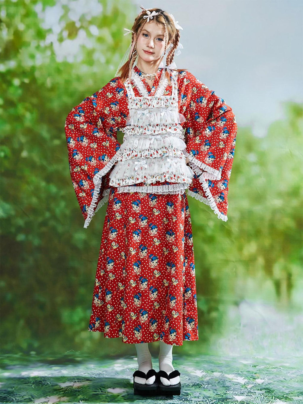 SOS MEME CLUB Red Kimono Inspired Printed Tie Waist Bell Sleeve Women's Cotton Long Sleeve Op