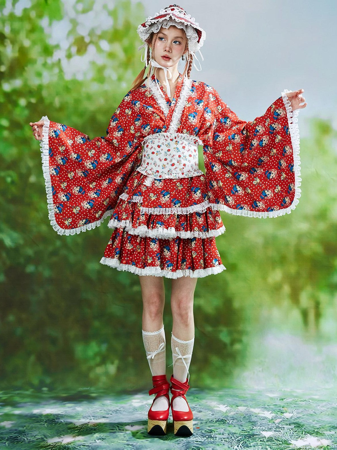 SOS MEME CLUB Red Kimono Inspired Printed Tie Waist Bell Sleeve Women's Cotton Long Sleeve Op