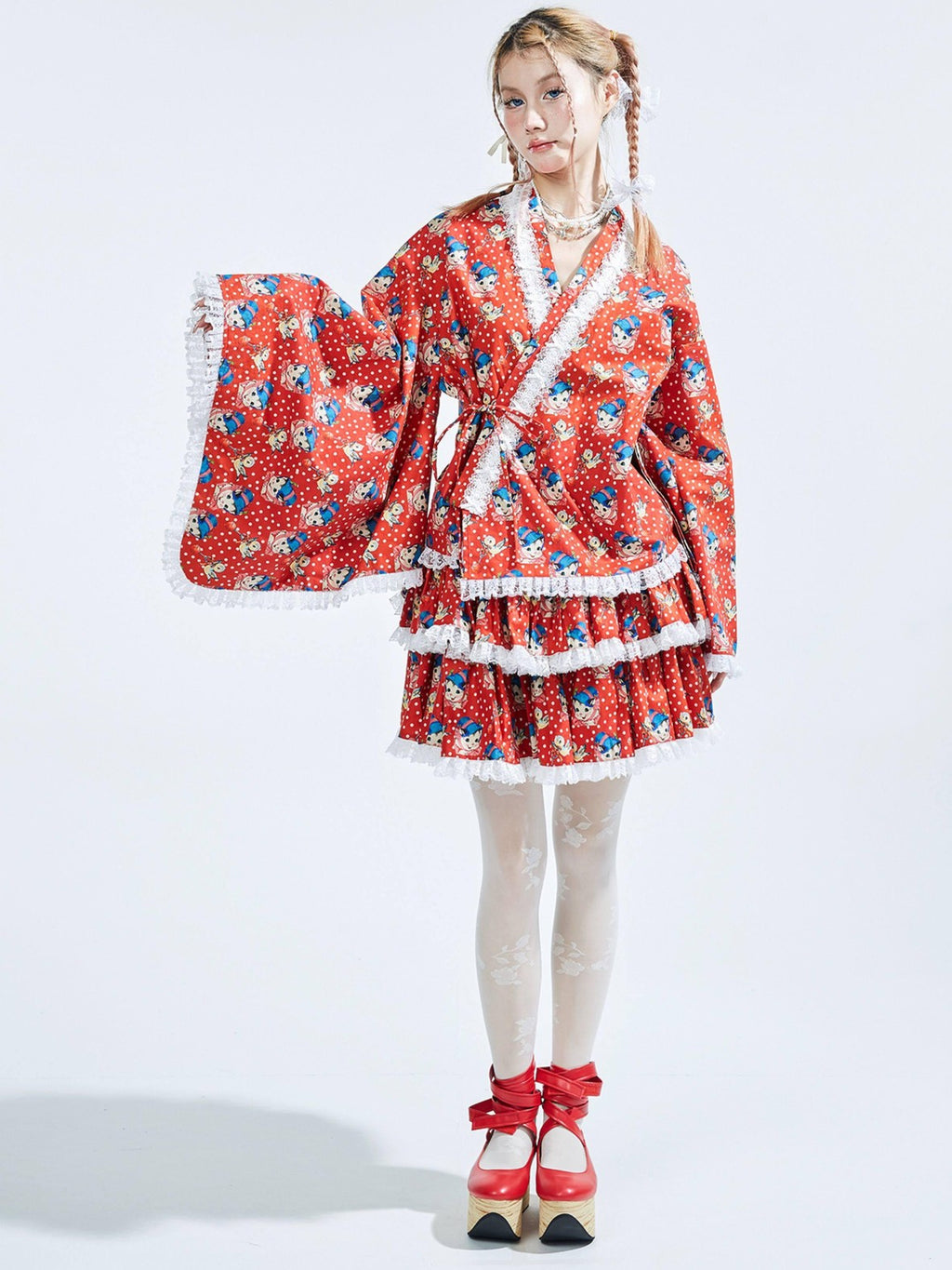 SOS MEME CLUB Red Kimono Inspired Printed Tie Waist Bell Sleeve Women's Cotton Long Sleeve Op