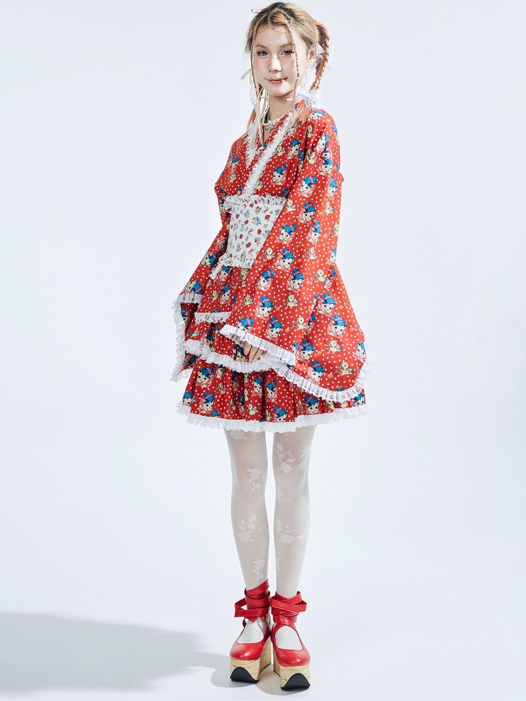 SOS MEME CLUB Red Kimono Inspired Printed Tie Waist Bell Sleeve Women's Cotton Long Sleeve Op