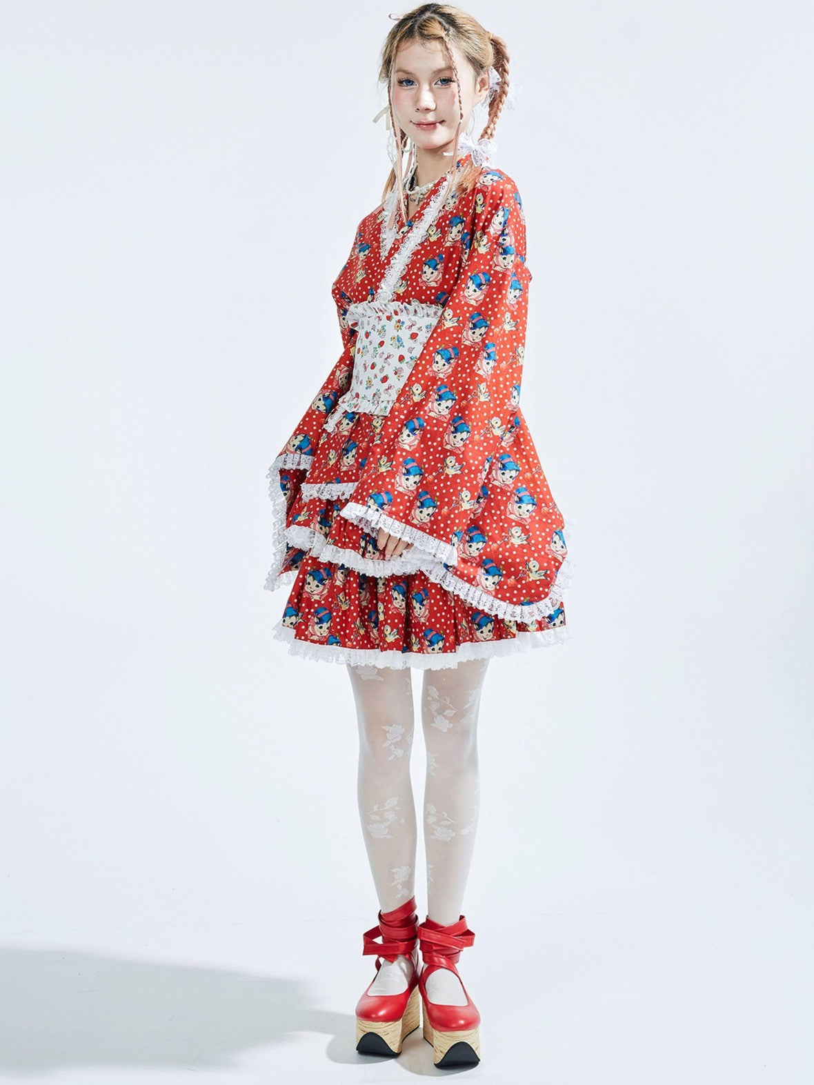 SOS MEME CLUB Red Kimono Inspired Printed Tie Waist Bell Sleeve Women's Cotton Long Sleeve Op
