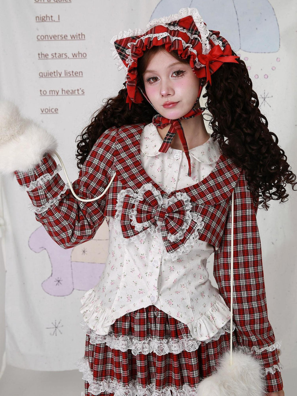 SOS MEME CLUB Red Plaid Bow Doll Collar Cropped Long Sleeve Patchwork Women's Woolen Capelets