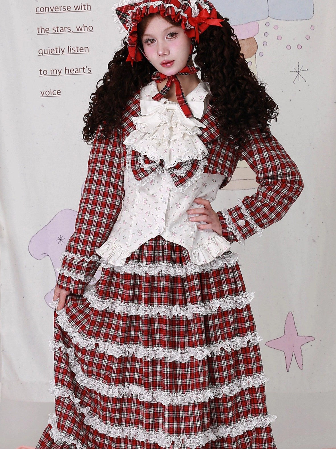 SOS MEME CLUB Red Plaid Bow Doll Collar Cropped Long Sleeve Patchwork Women's Woolen Capelets