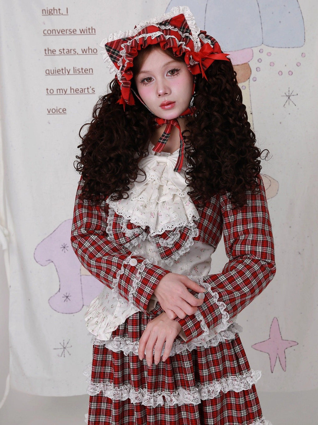 SOS MEME CLUB Red Plaid Bow Doll Collar Cropped Long Sleeve Patchwork Women's Woolen Capelets