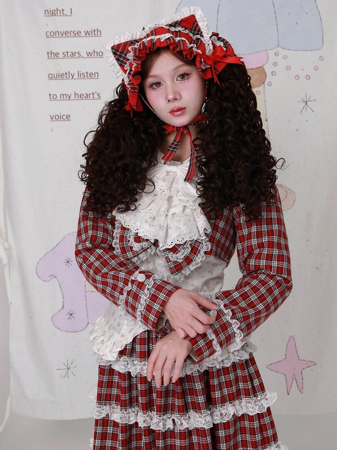 SOS MEME CLUB Red Plaid Bow Doll Collar Cropped Long Sleeve Patchwork Women's Woolen Capelets