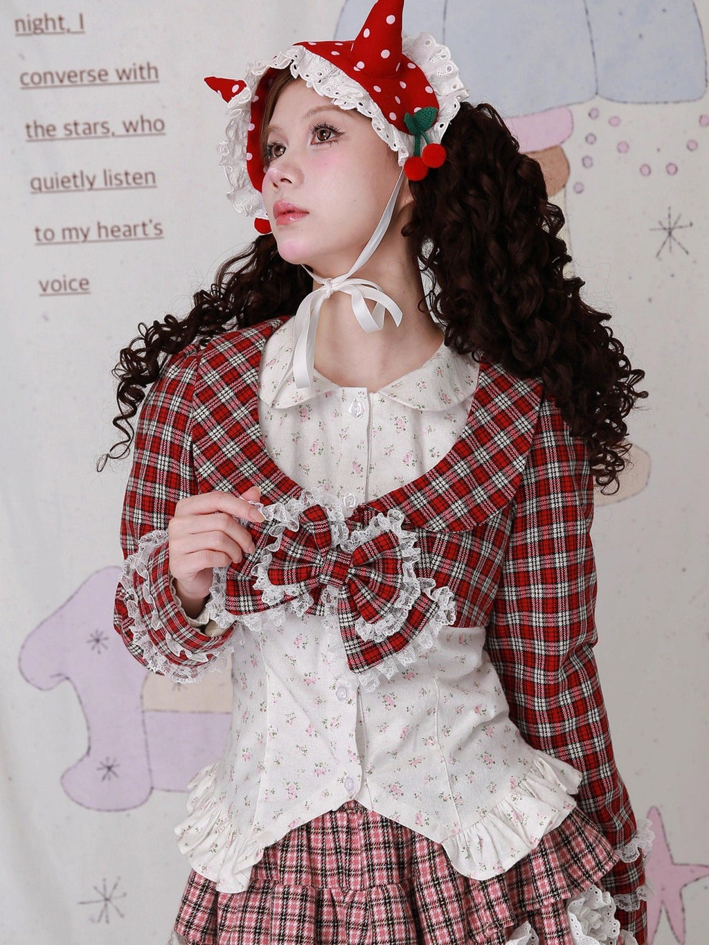SOS MEME CLUB Red Plaid Bow Doll Collar Cropped Long Sleeve Patchwork Women's Woolen Capelets