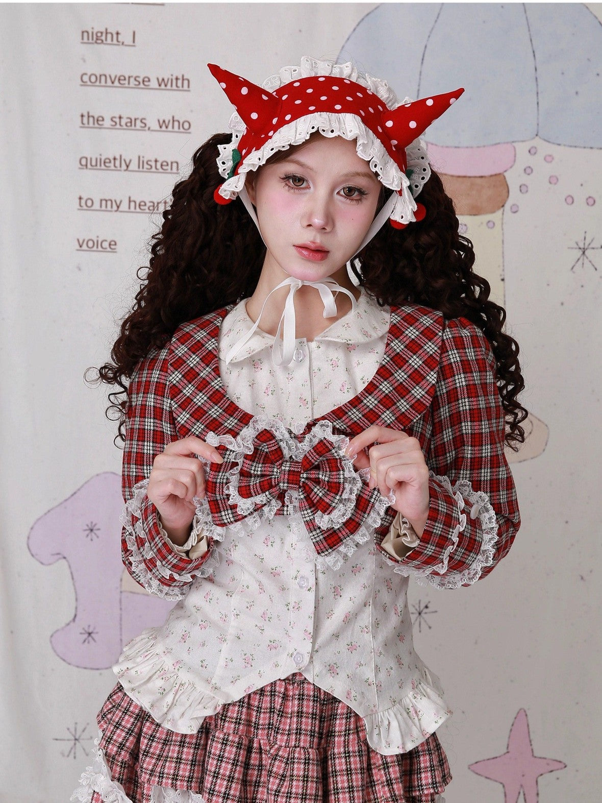 SOS MEME CLUB Red Plaid Bow Doll Collar Cropped Long Sleeve Patchwork Women's Woolen Capelets