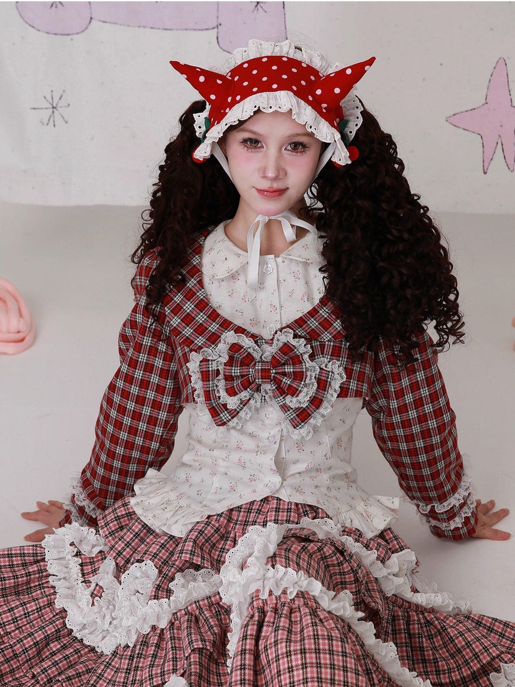 SOS MEME CLUB Red Plaid Bow Doll Collar Cropped Long Sleeve Patchwork Women's Woolen Capelets