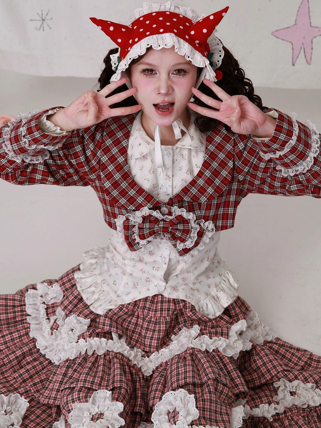 SOS MEME CLUB Red Plaid Bow Doll Collar Cropped Long Sleeve Patchwork Women's Woolen Capelets