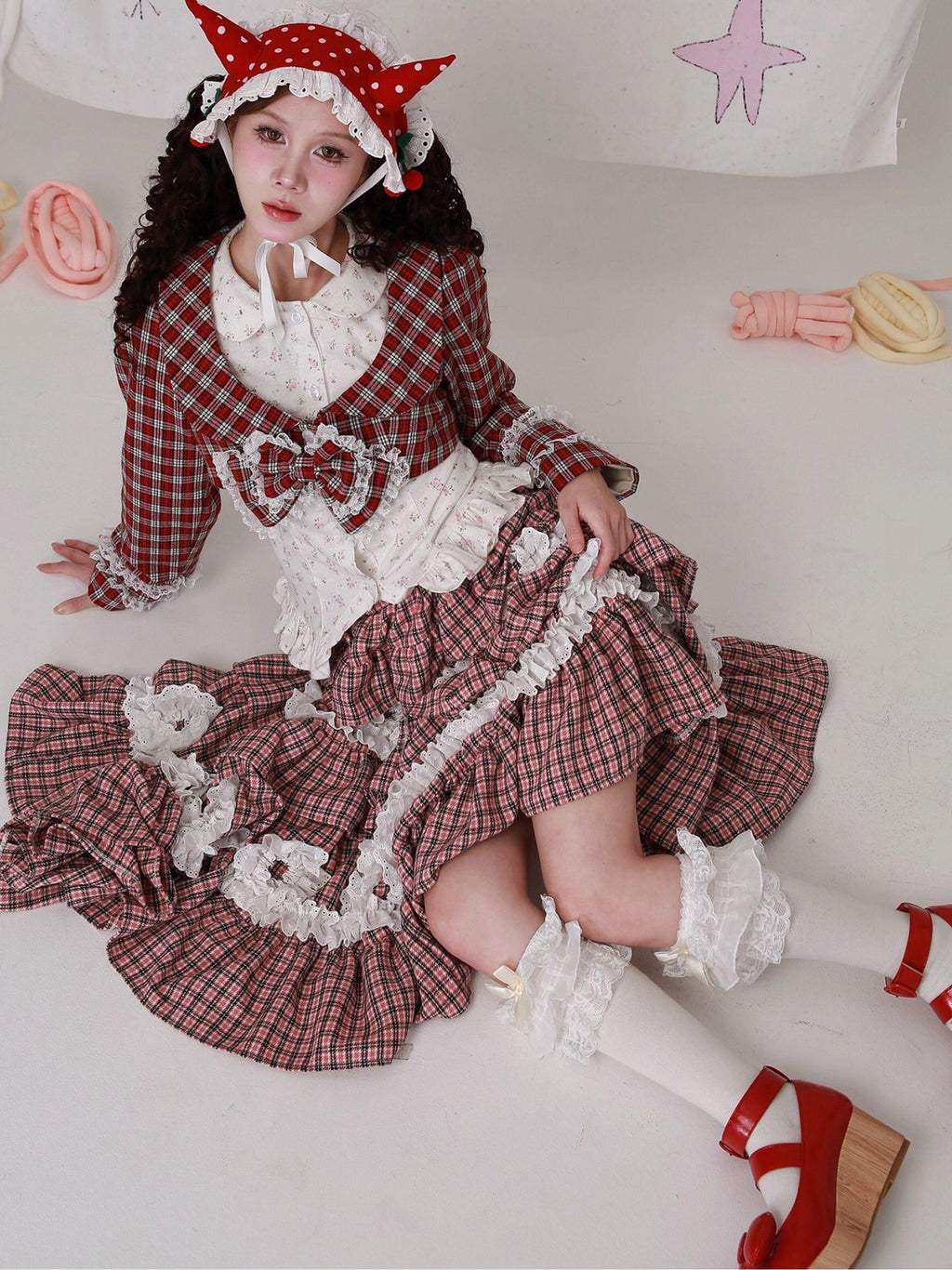 SOS MEME CLUB Red Plaid Bow Doll Collar Cropped Long Sleeve Patchwork Women's Woolen Capelets