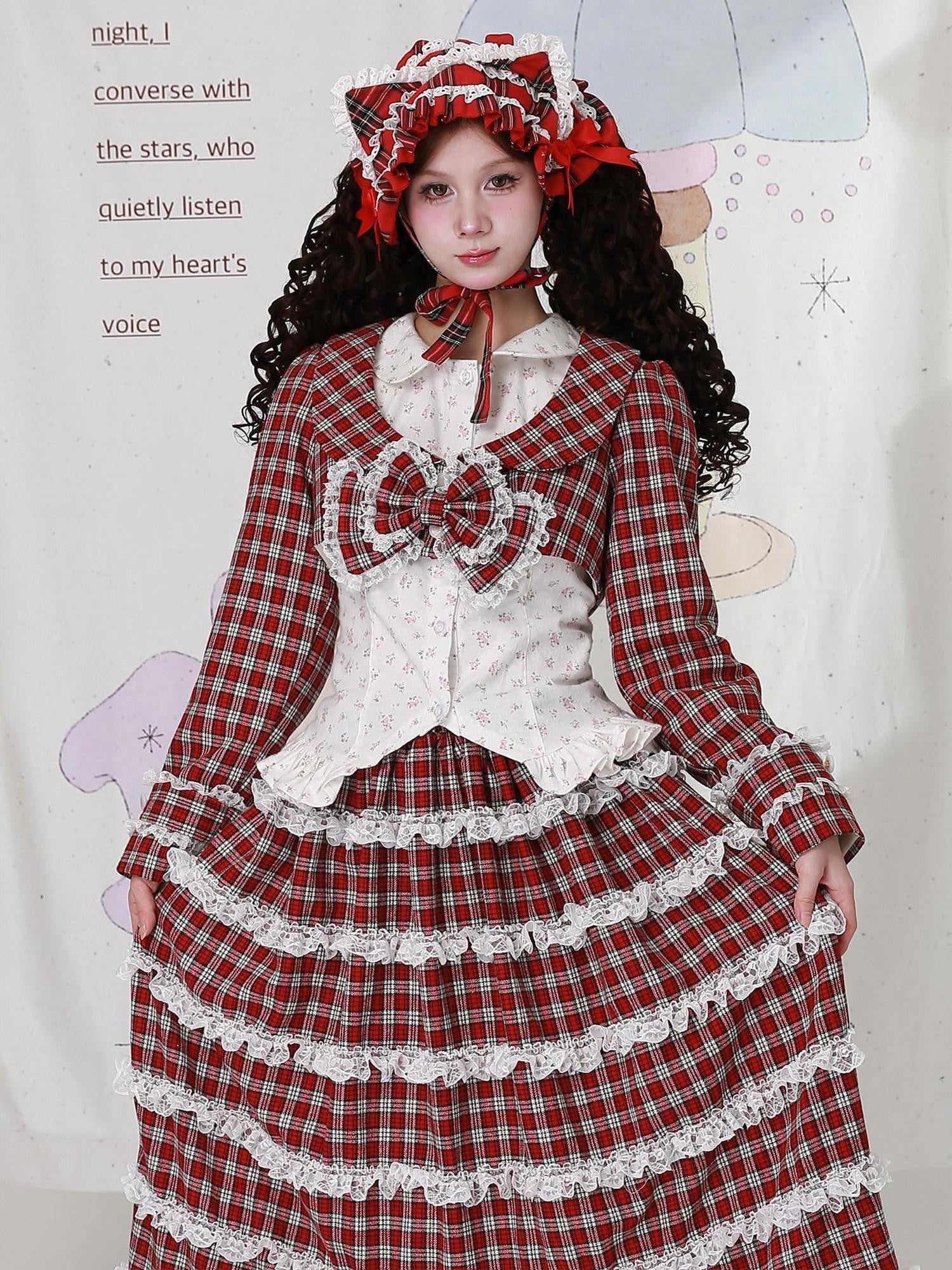 SOS MEME CLUB Red Plaid Bow Doll Collar Cropped Long Sleeve Patchwork Women's Woolen Capelets