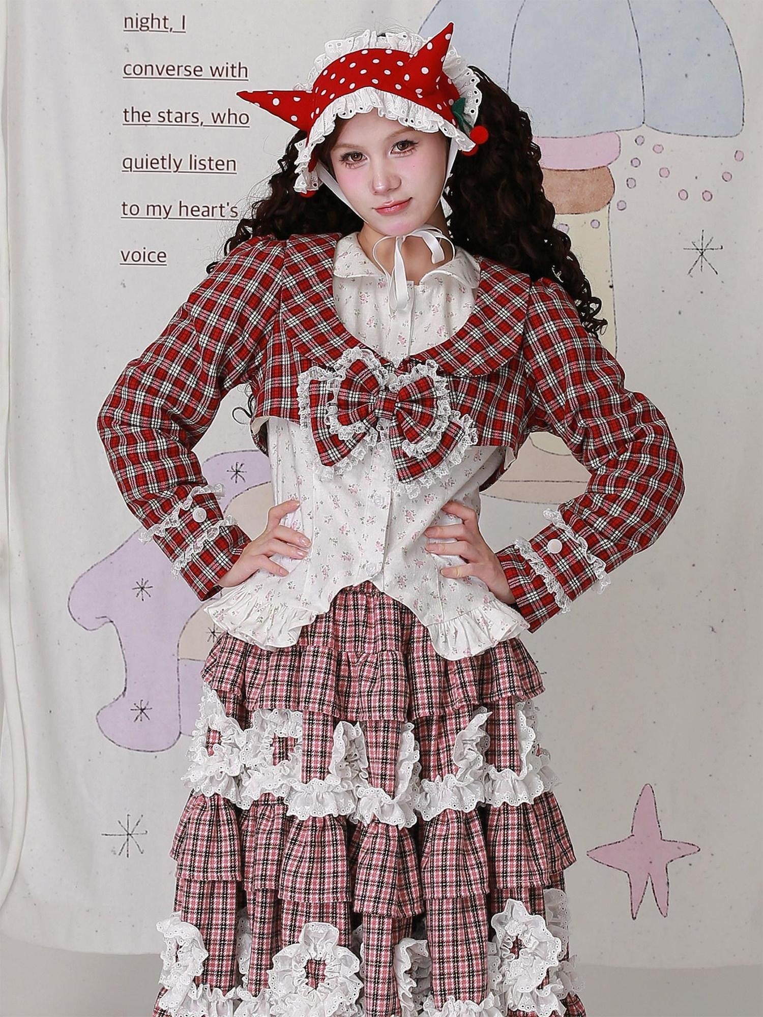 SOS MEME CLUB Red Plaid Bow Doll Collar Cropped Long Sleeve Patchwork Women's Woolen Capelets