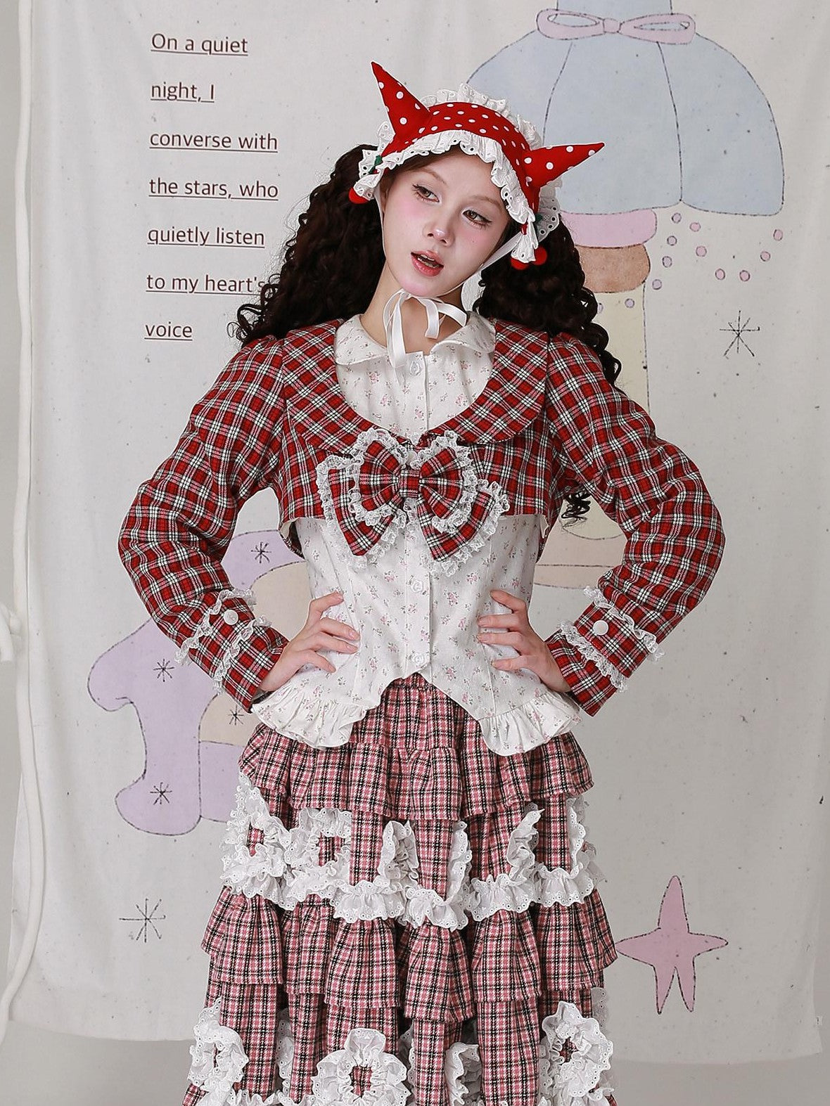 SOS MEME CLUB Red Plaid Bow Doll Collar Cropped Long Sleeve Patchwork Women's Woolen Capelets