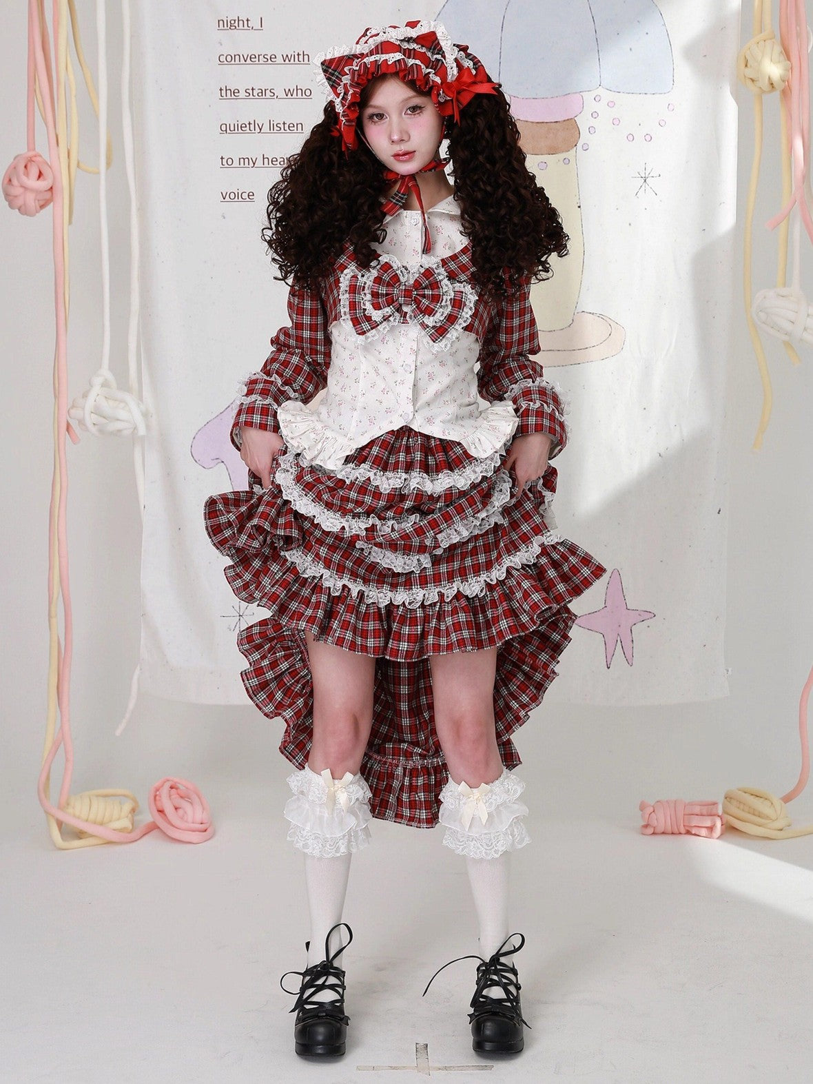 SOS MEME CLUB Red Plaid Bow Doll Collar Cropped Long Sleeve Patchwork Women's Woolen Capelets