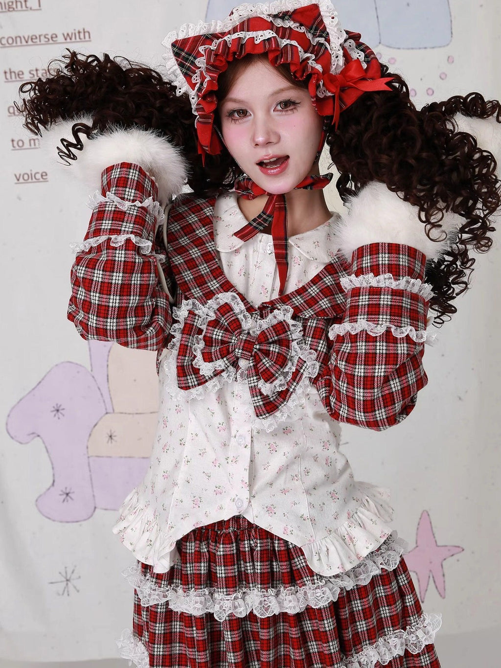 SOS MEME CLUB Red Plaid Bow Doll Collar Cropped Long Sleeve Patchwork Women's Woolen Capelets