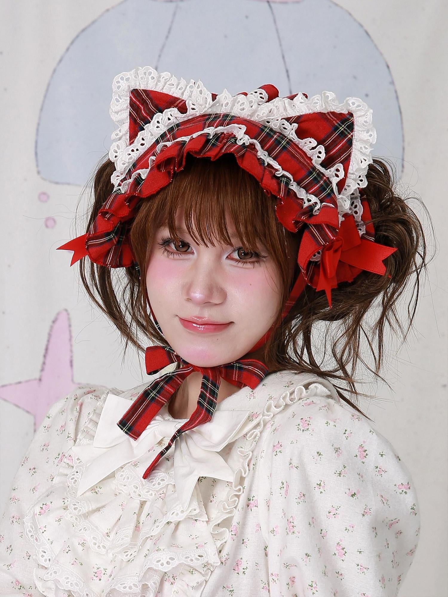 SOS MEME CLUB Red Plaid Cute Cat Ear Vintage Lolita Women's Kc / Headbands