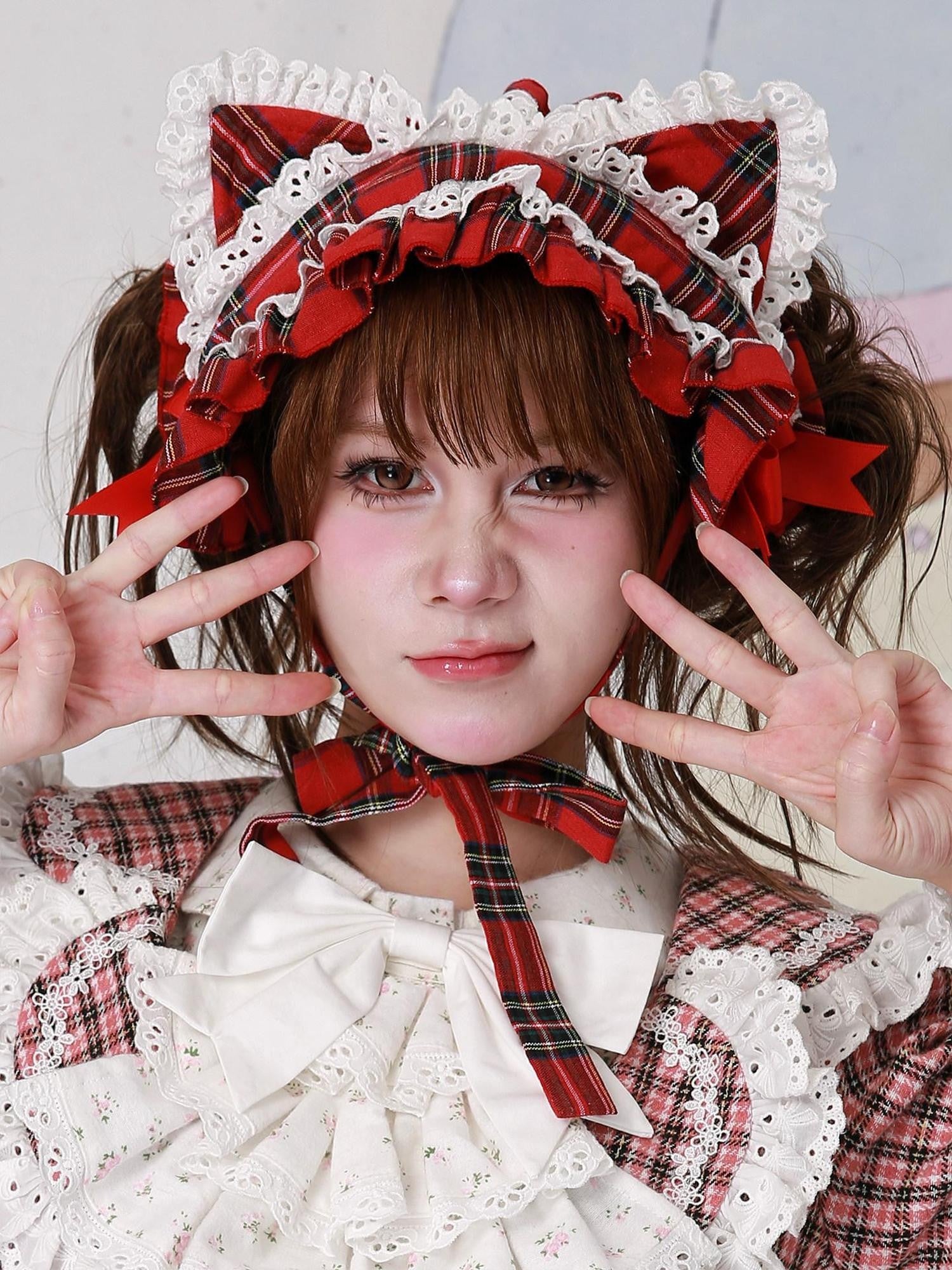 SOS MEME CLUB Red Plaid Cute Cat Ear Vintage Lolita Women's Kc / Headbands